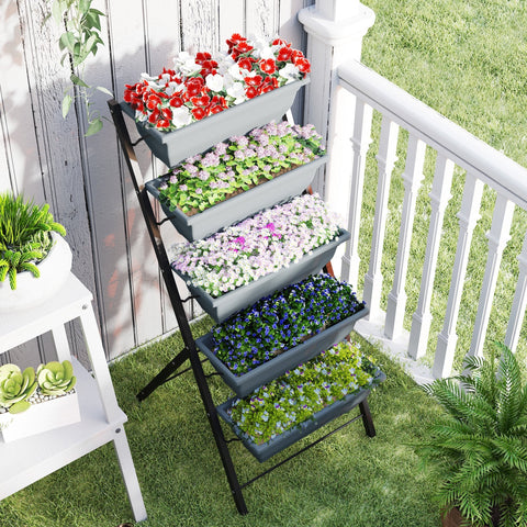 Gray outsunny 5-tier raised plant stand with removable trays and drainage holes filled with colorful artificial flowers