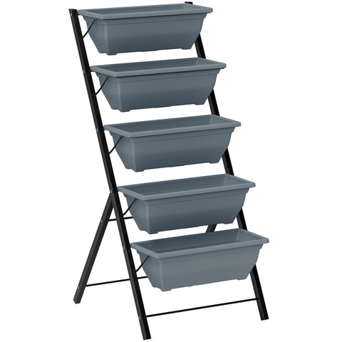 Outsunny 5-tier gray plastic planter stack with black metal a-frame plant stand featuring drainage holes for indoor outdoor use
