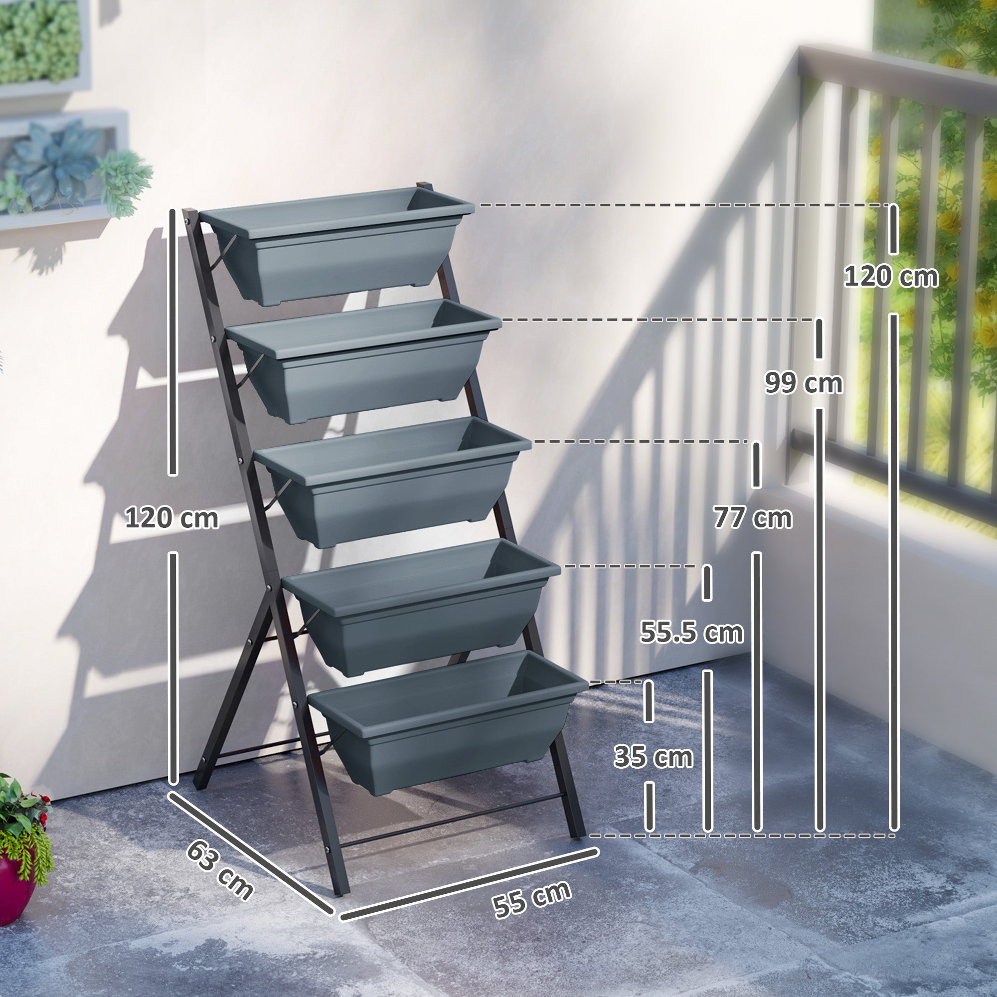Five-tiered gray plastic plant stand with black metal frame featuring drainage holes for indoor outdoor use