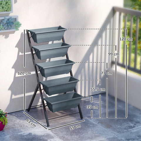 Five-tiered gray plastic plant stand with black metal frame featuring drainage holes for indoor outdoor use