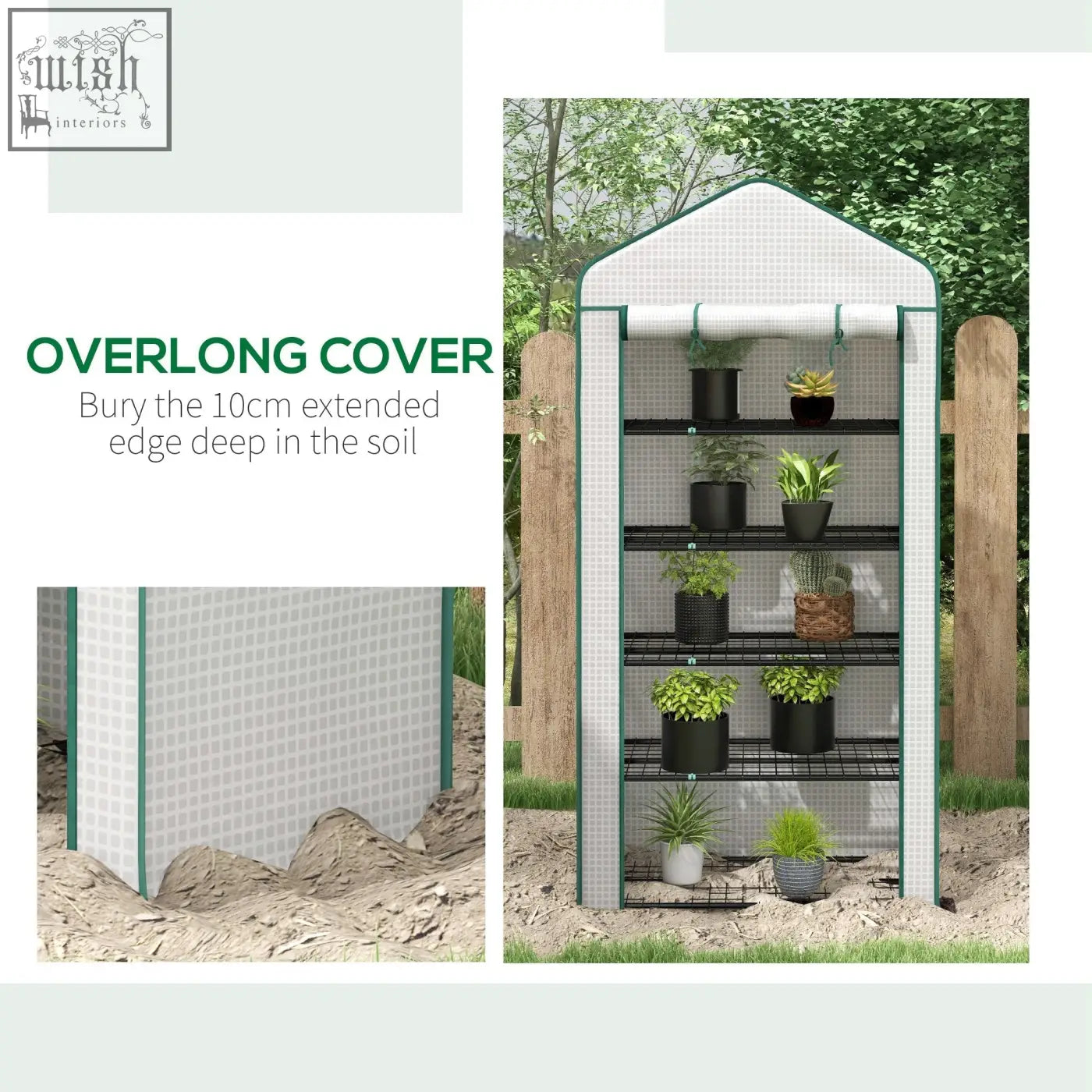 Outsunny mini greenhouse with green steel frame, five movable wire shelves, white reinforced pe cover, portable indoor outdoor use