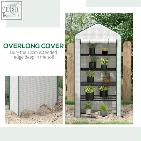 Outsunny mini greenhouse with green steel frame, five movable wire shelves, white reinforced pe cover, portable indoor outdoor use