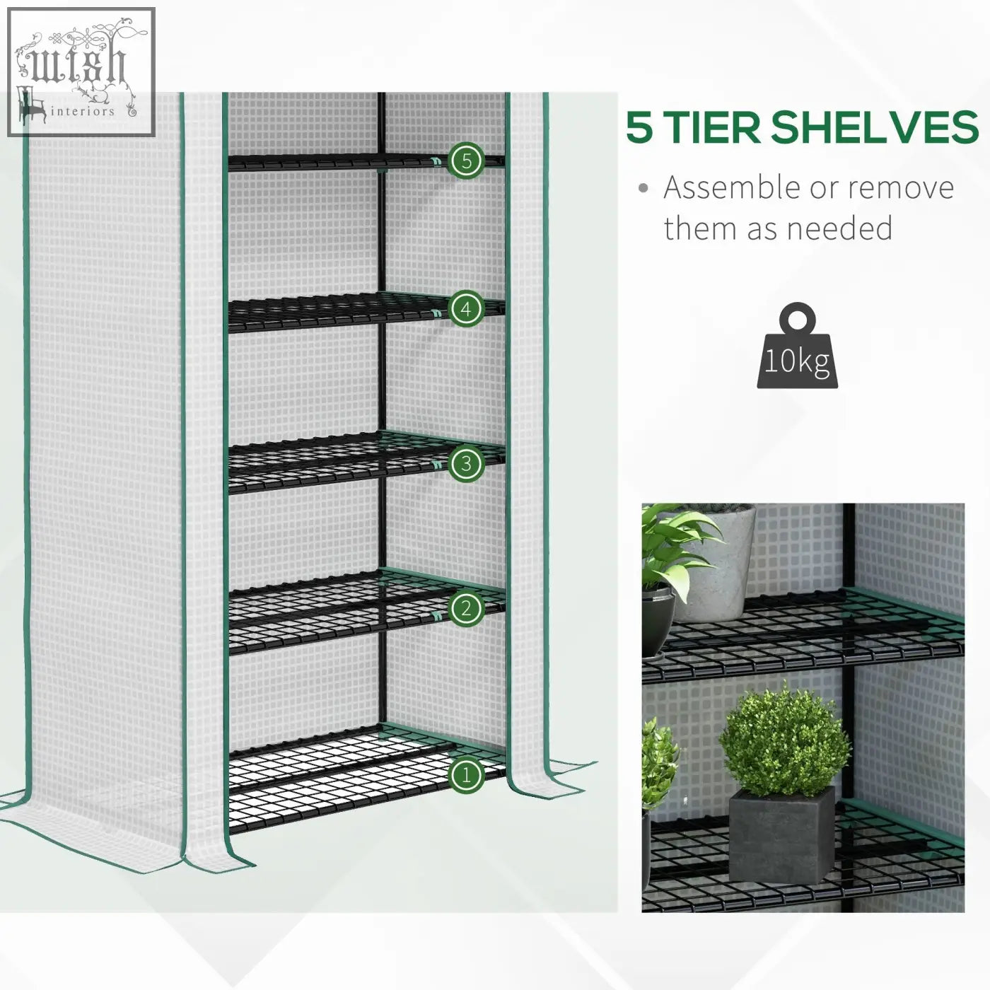 Green-framed outsunny mini greenhouse with steel frame, five movable wire shelves, white mesh sides, and roll-up door