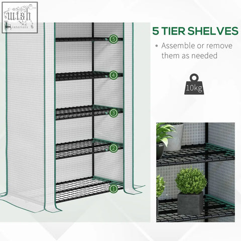 Green-framed outsunny mini greenhouse with steel frame, five movable wire shelves, white mesh sides, and roll-up door