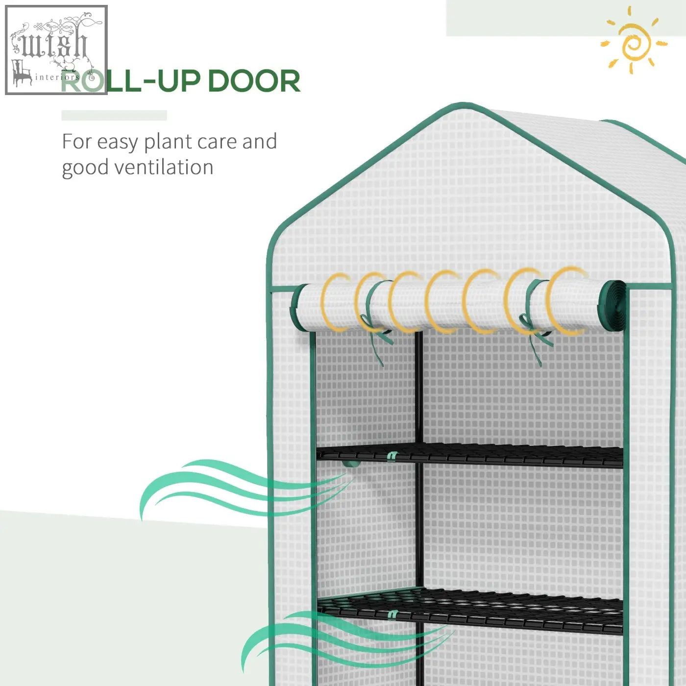 Outsunny white mesh greenhouse with green trim, steel frame, five movable wire shelves, and roll-up door for easy plant care