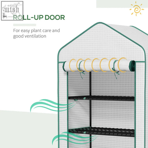 Outsunny white mesh greenhouse with green trim, steel frame, five movable wire shelves, and roll-up door for easy plant care