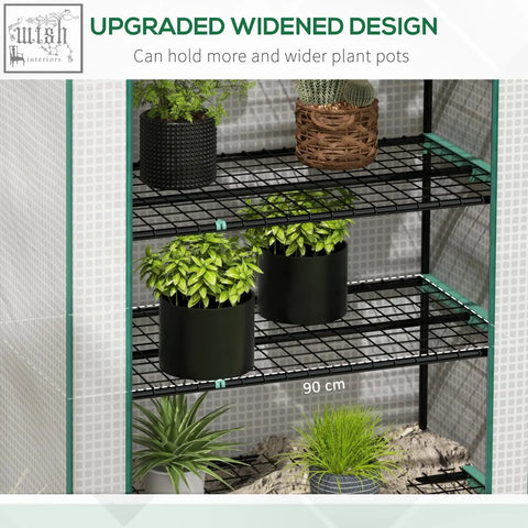 Outsunny 5 tier widened mini greenhouse with black steel frame green trim and five movable wire shelves for plants