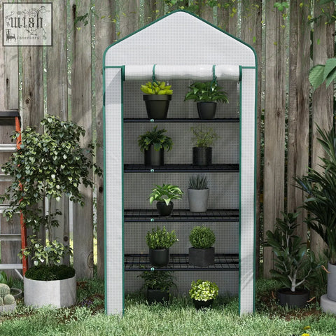 Outsunny 5 tier widened mini greenhouse with green and white reinforced pe cover, steel frame, and five movable wire shelves