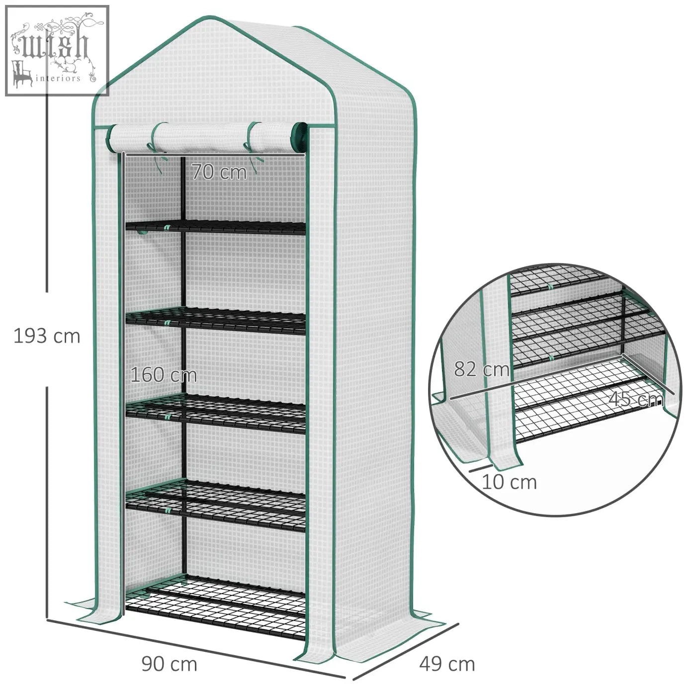 Outsunny mini greenhouse with green steel frame, white mesh, and five movable black wire shelves for indoor outdoor use