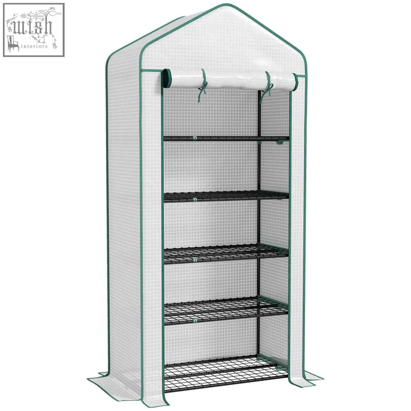 Green-framed mini greenhouse with steel frame five movable black wire shelves and reinforced white pe cover