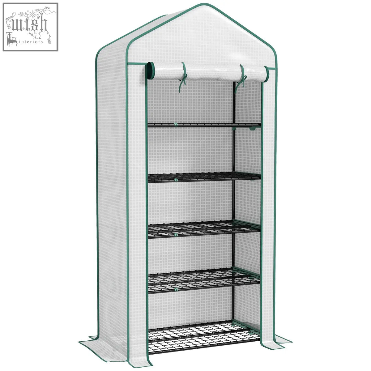 Green-framed mini greenhouse with steel frame five movable black wire shelves and reinforced white pe cover