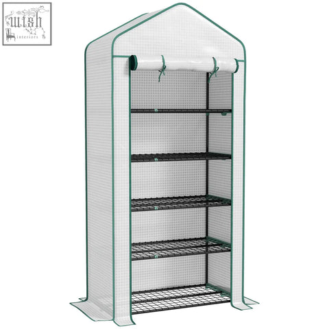 Green-framed mini greenhouse with steel frame five movable black wire shelves and reinforced white pe cover