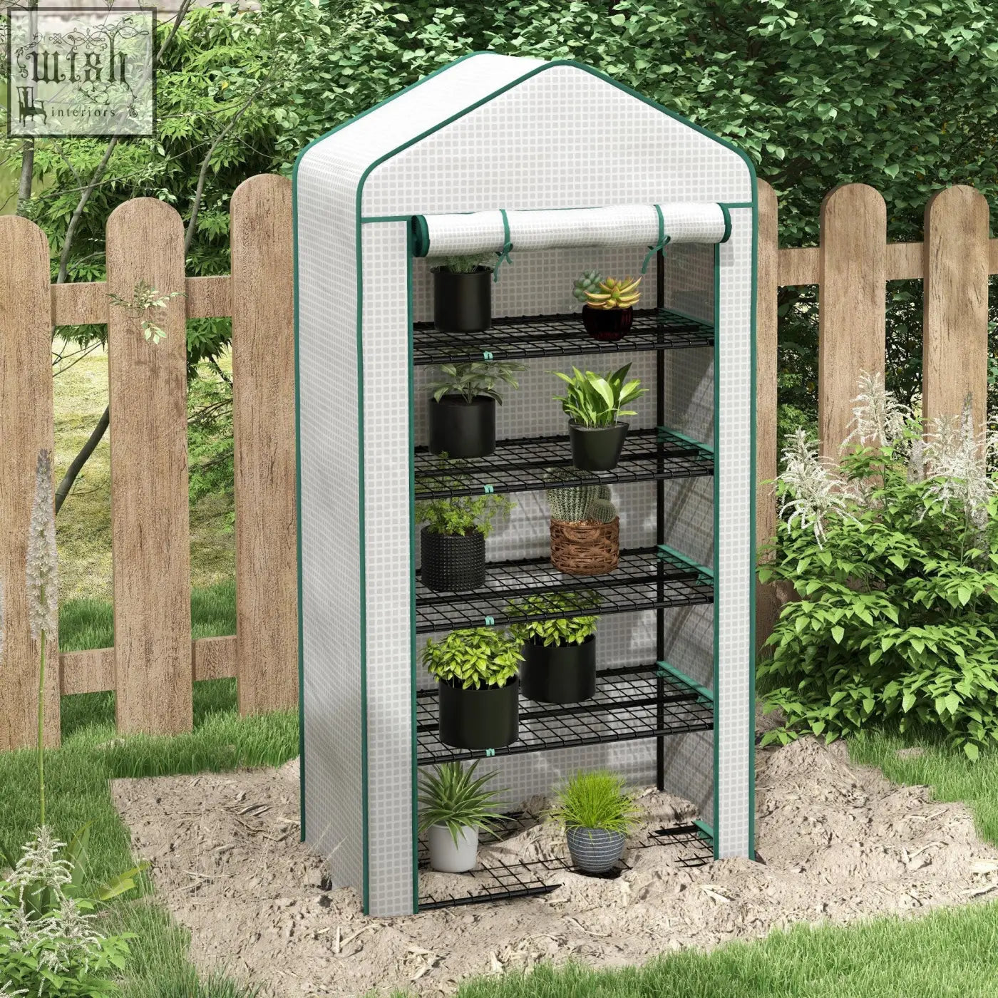 Outsunny 5 tier mini greenhouse with white steel frame green pe cover and five movable wire shelves with potted plants