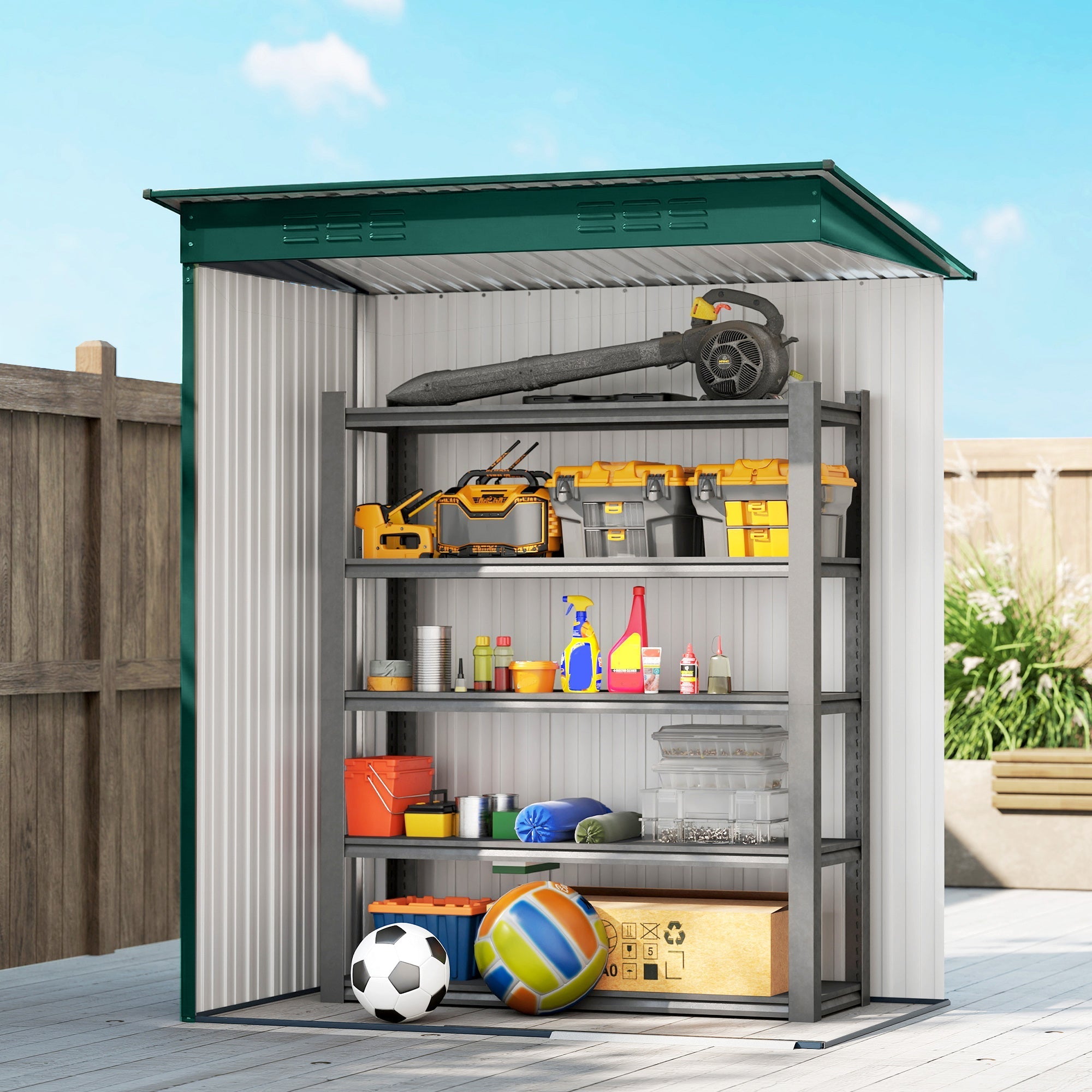 Green and white galvanised steel garden storage shed with shelving for easy outdoor storage and organization