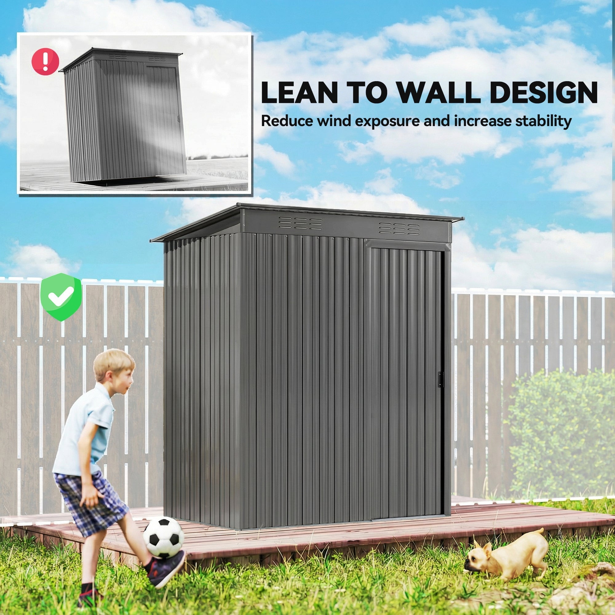 Gray corrugated metal garden storage shed with lean-to design made of galvanised steel for outdoor use