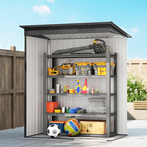 Gray galvanised steel outdoor shed with corrugated siding and shelves stocked with tools for garden storage shed use