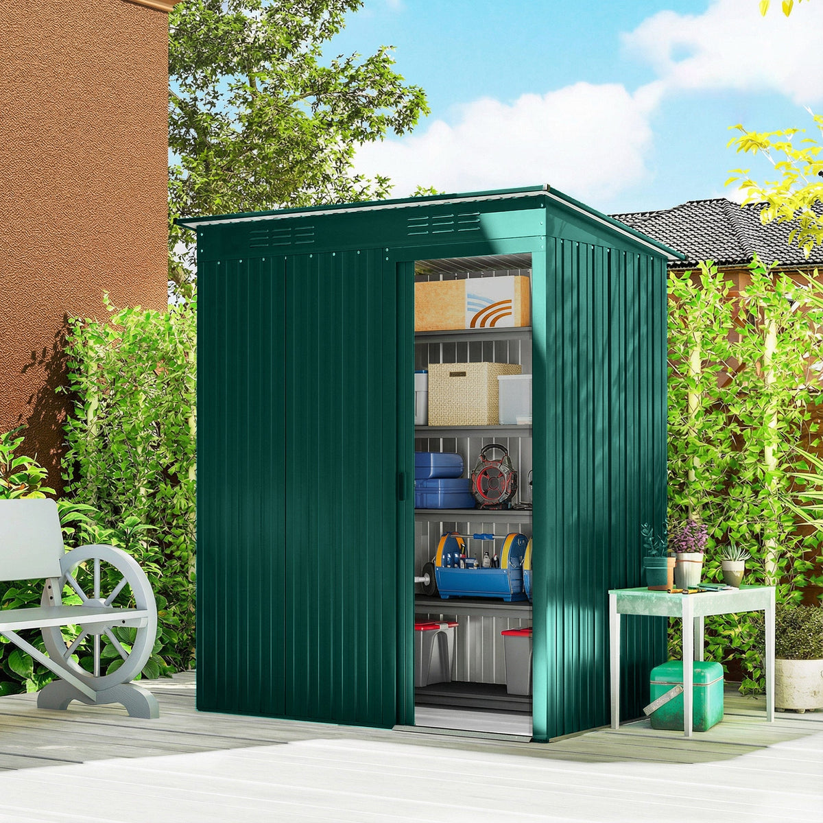 Green galvanised steel outdoor shed with sliding door and shelving inside perfect garden storage shed