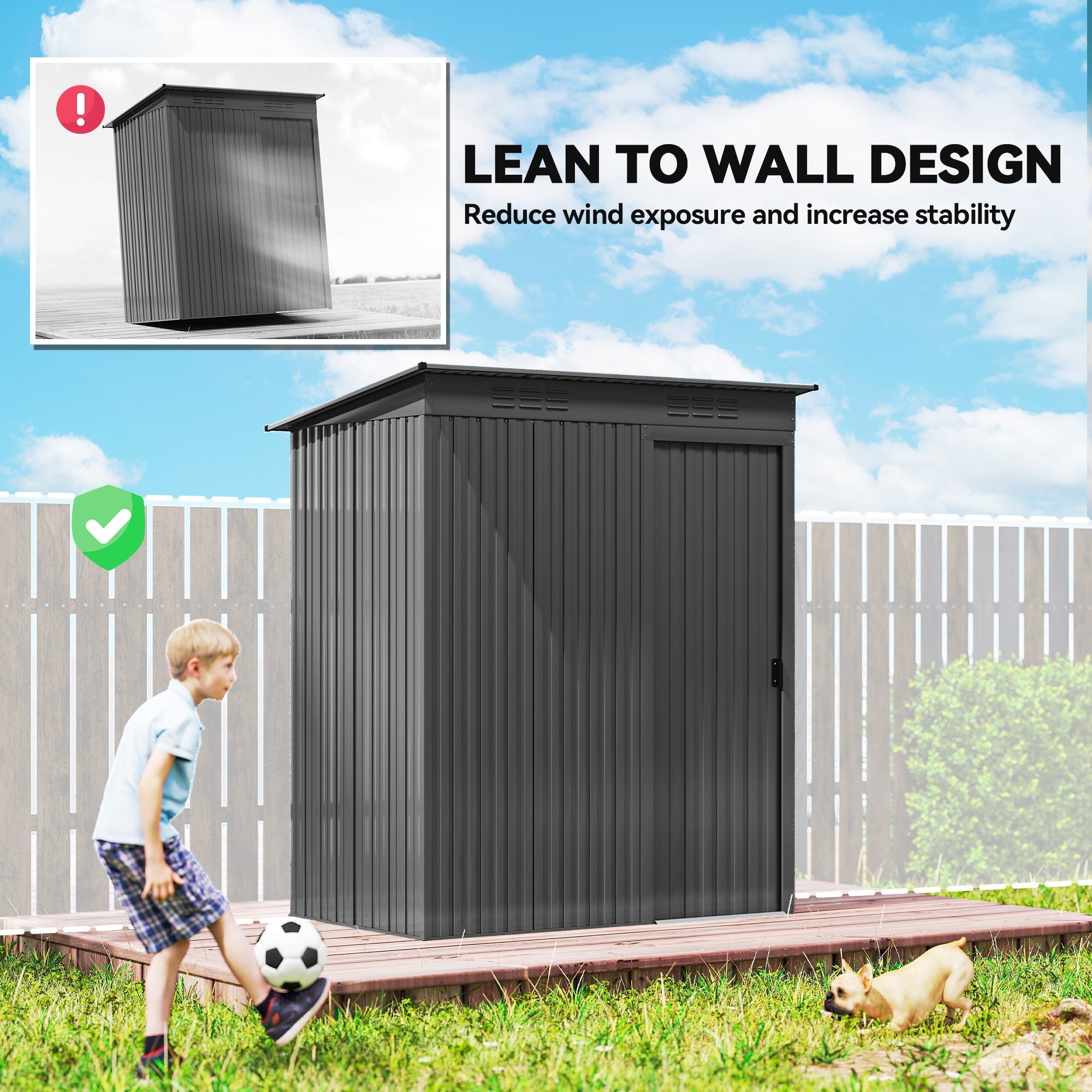 Black metal garden storage shed with vertical ribbed galavanised steel panels and lean-to wall design in dark grey