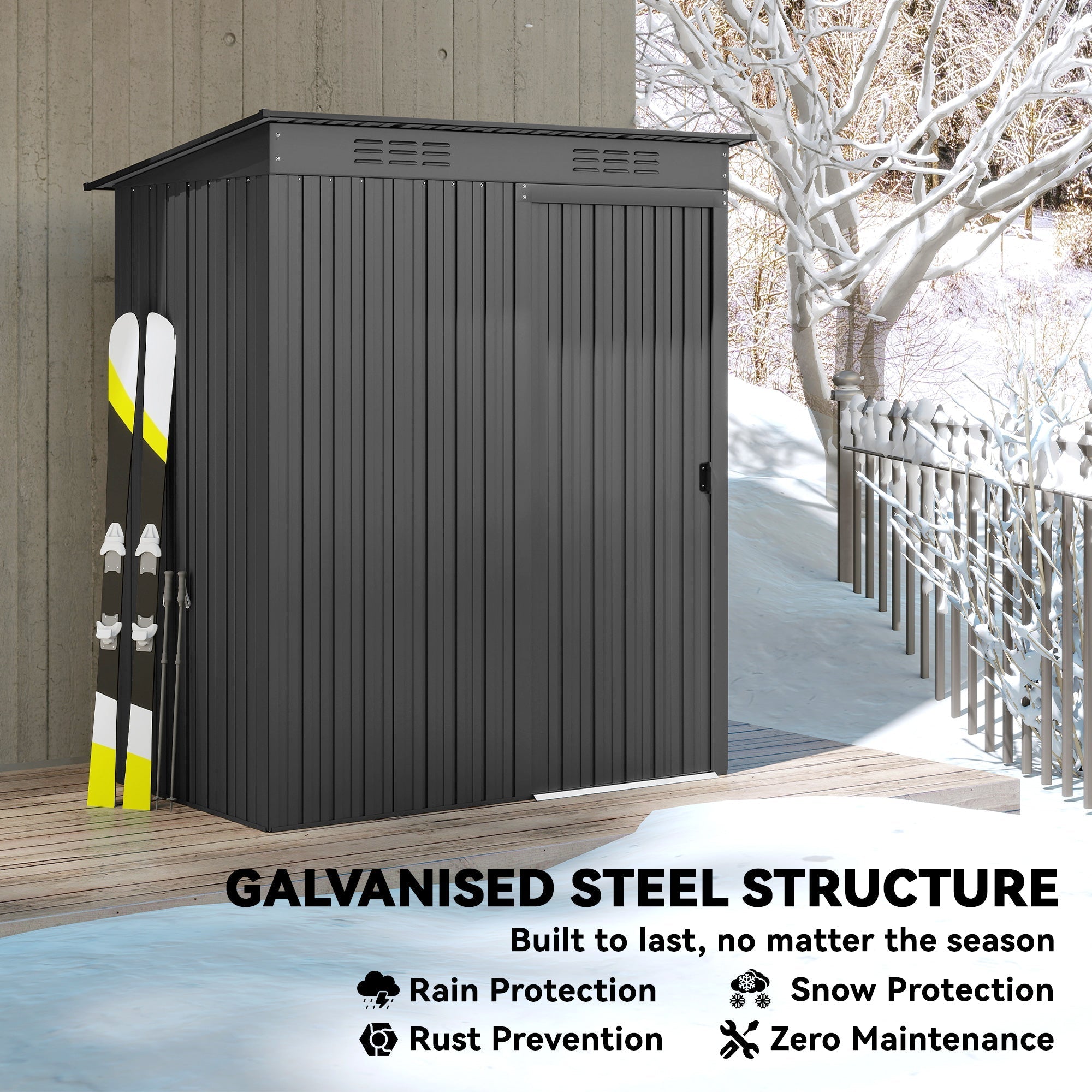 Dark gray galvanized steel garden storage shed with vertical panels and slanted roof for outdoor use