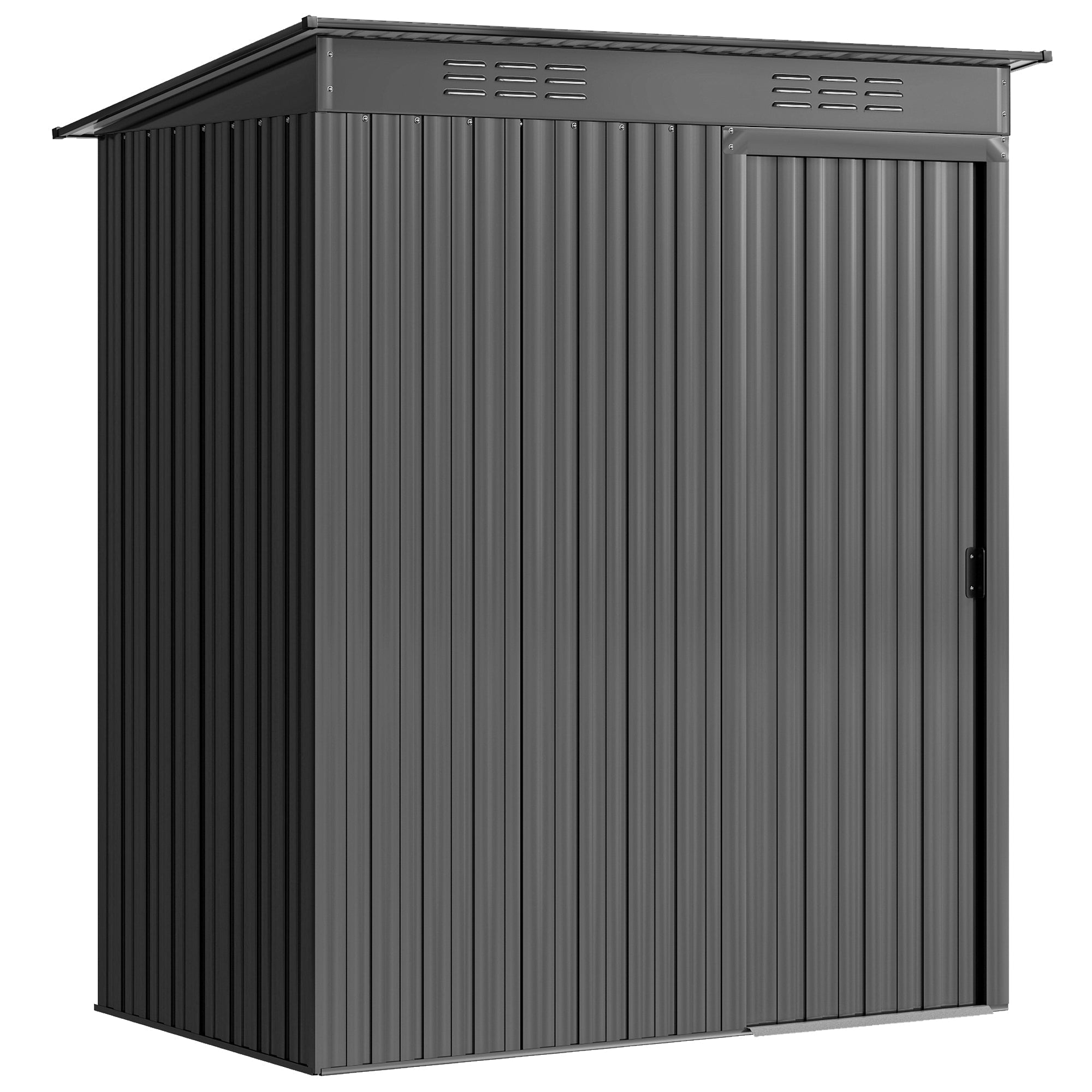 Dark gray corrugated metal garden storage shed with slanted roof made of galvanised steel for outdoor use