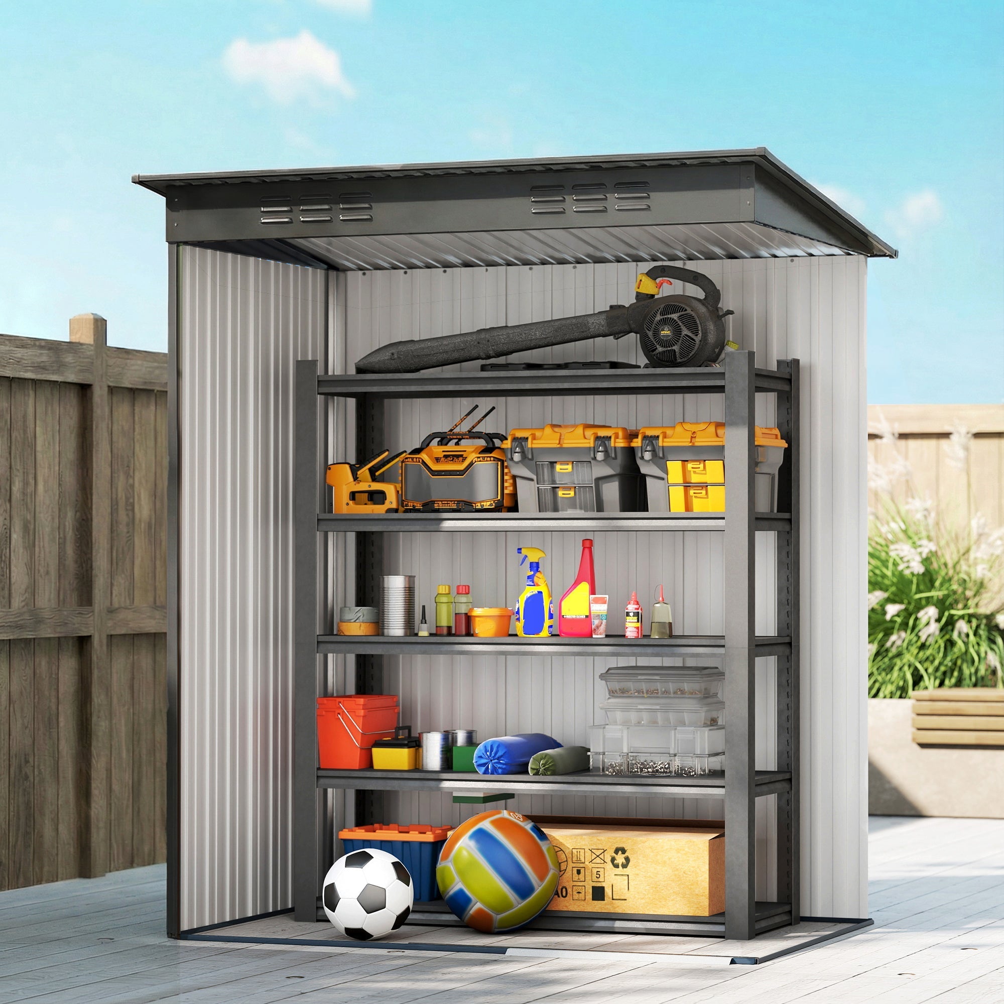 Gray outsunny metal garden storage shed with galvanised steel corrugated siding and open shelves for tools and gear