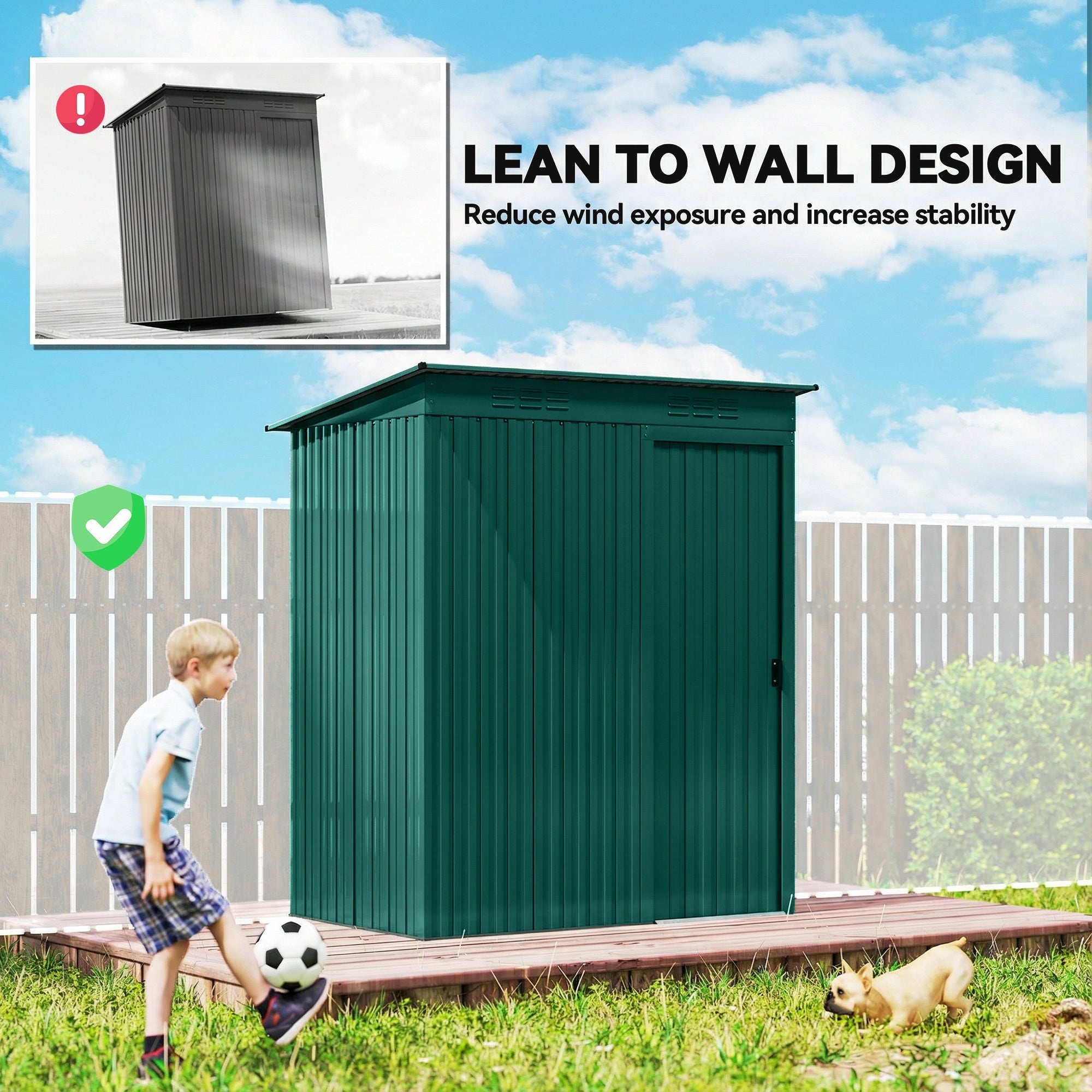 Green dark green vertically ribbed galvanised steel garden storage shed with lean-to outdoor shed design