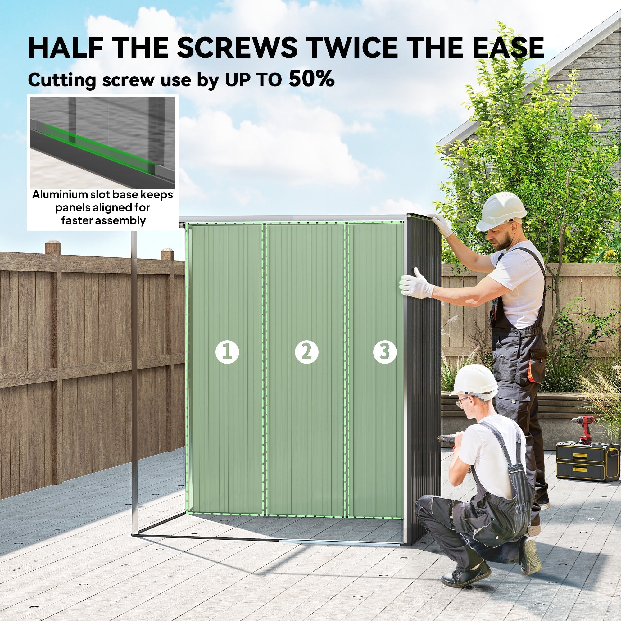Green corrugated metal garden storage shed with aluminum slot base made of galvanised steel for outdoor use