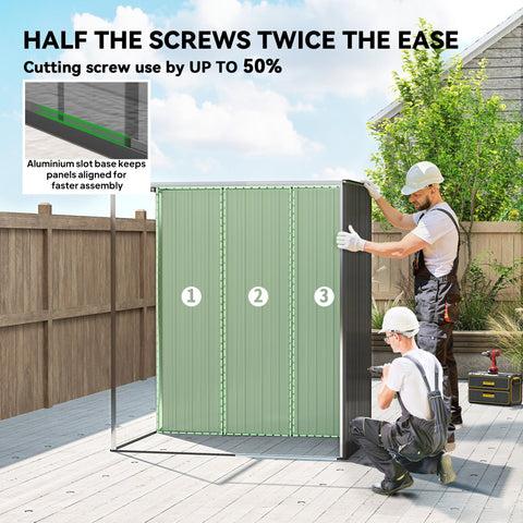 Green corrugated metal garden storage shed with aluminum slot base made of galvanised steel for outdoor use