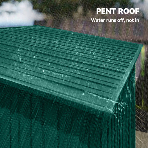 Green pent roof with ridged galvanised steel panels on outsunny garden storage shed for efficient water shedding
