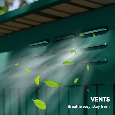 Teal green outsunny garden storage shed with horizontal ventilation slats made of galvanised steel for outdoor use