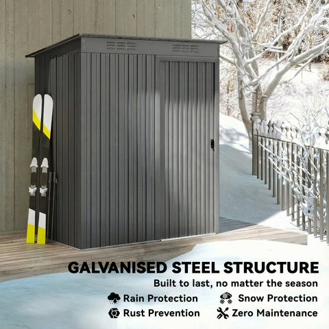 Dark gray galvanized steel garden storage shed with vertical siding and slanted roof for outdoor shed use