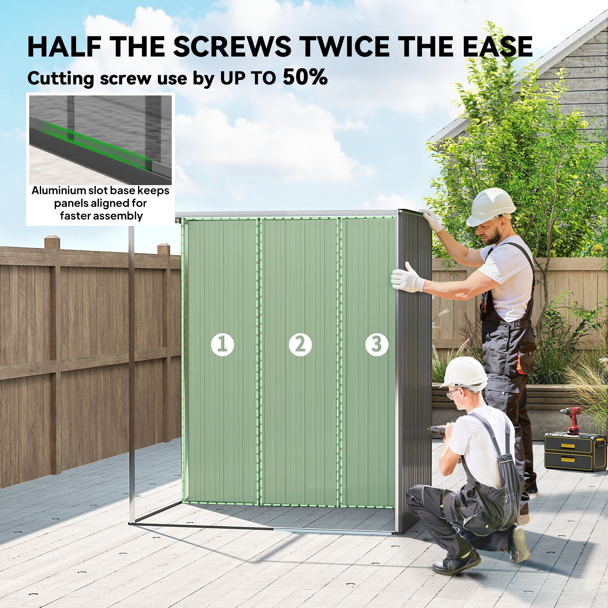 Green corrugated metal garden storage shed with aluminum slot base by Outsunny in light grey outdoor shed galvanized steel