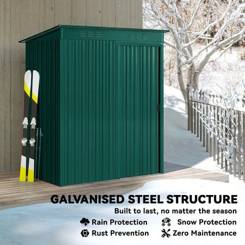 Dark green galvanized steel garden storage shed with vertical panels and slanted roof for outdoor shed use