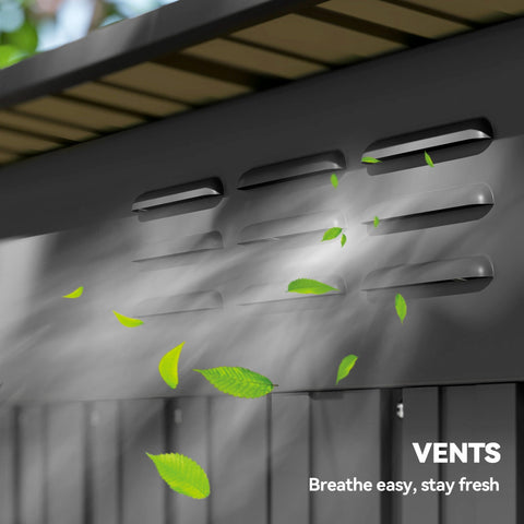 Black metal vents with sleek horizontal slats on the dark grey galvanised steel outdoor garden storage shed