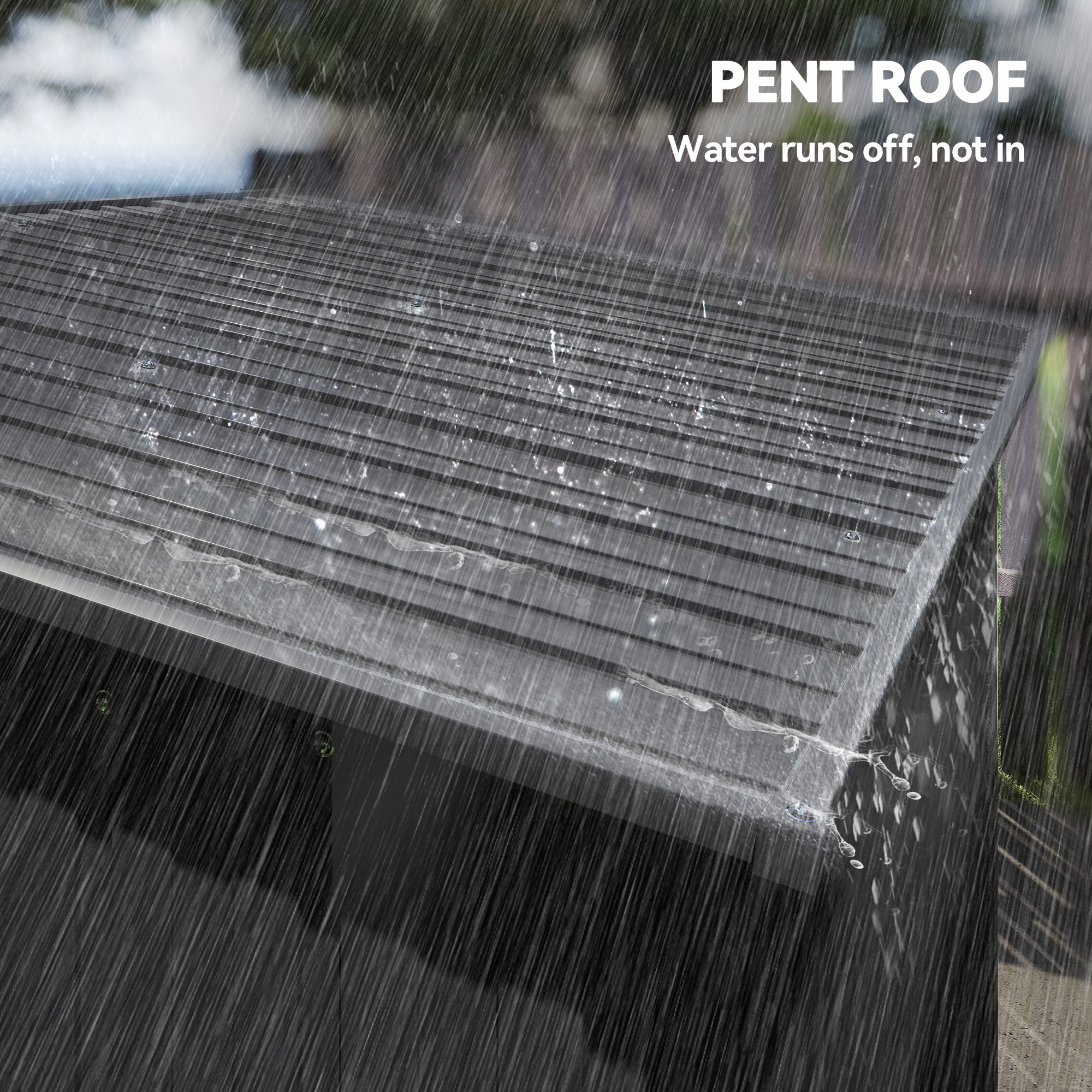 Black pent roof with slatted design on outsunny dark grey galvanised steel garden storage shed for outdoor use