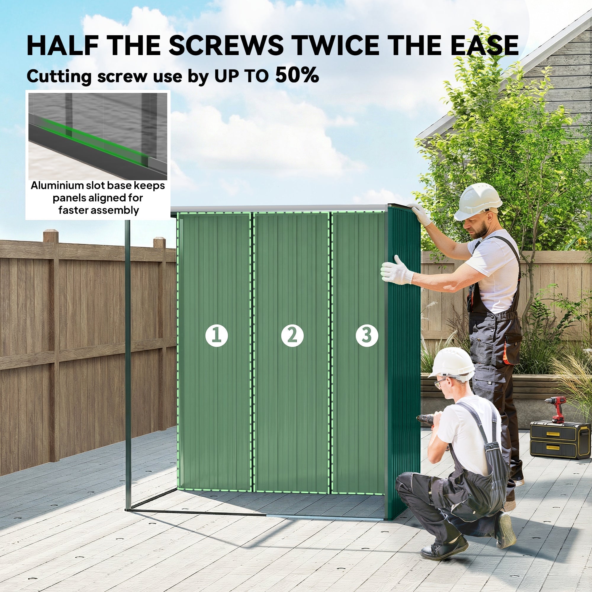 Green outsunny garden storage shed made of galvanised steel with aluminum slot base for outdoor storage