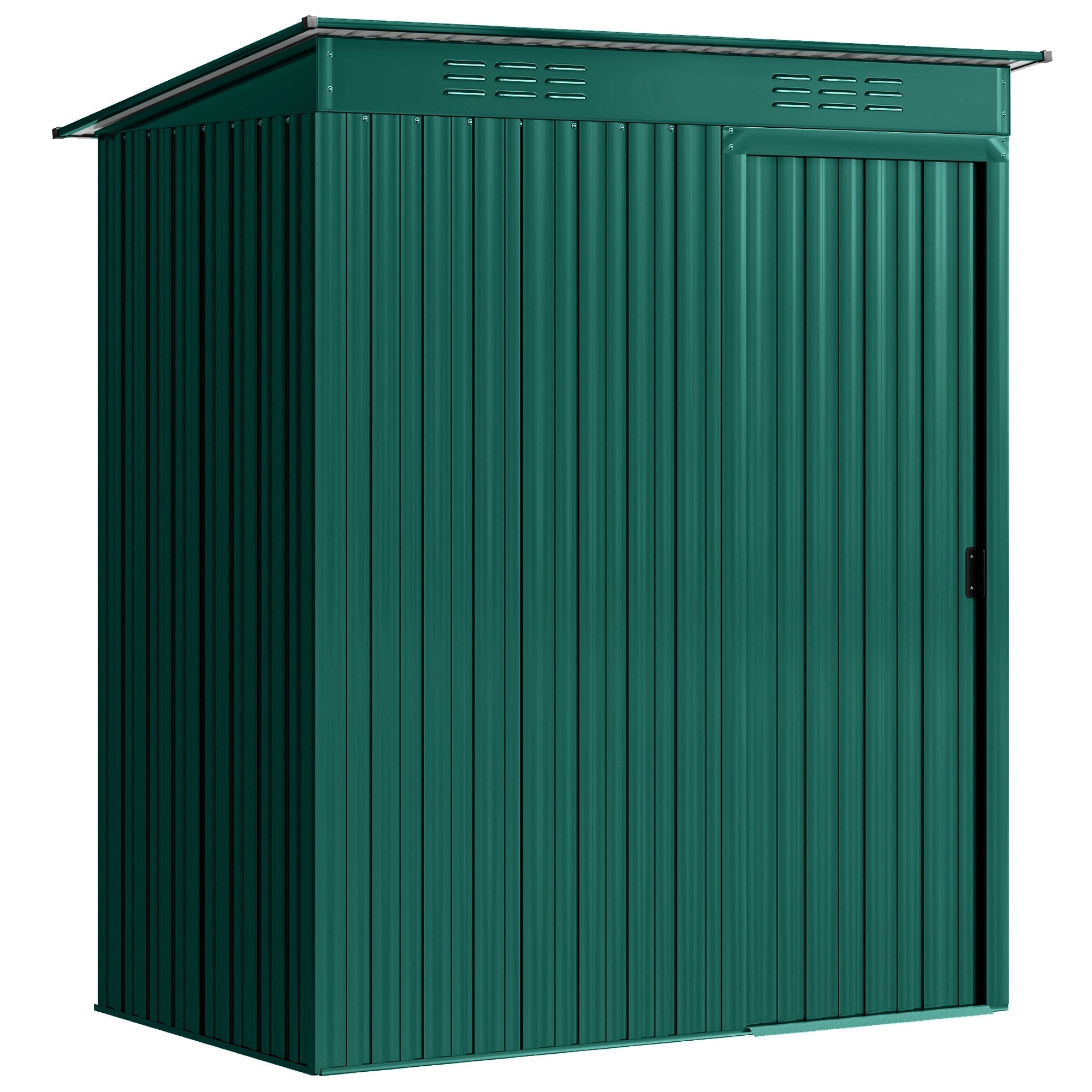 Dark green galvanized steel garden storage shed with slanted roof and vertical ridges for outdoor use