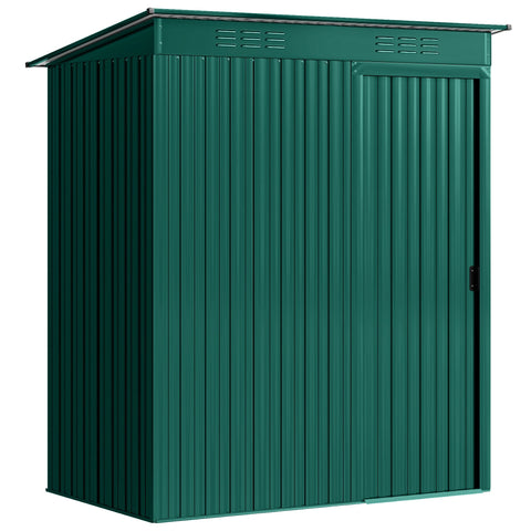 Dark green galvanized steel garden storage shed with slanted roof and vertical ridges for outdoor use