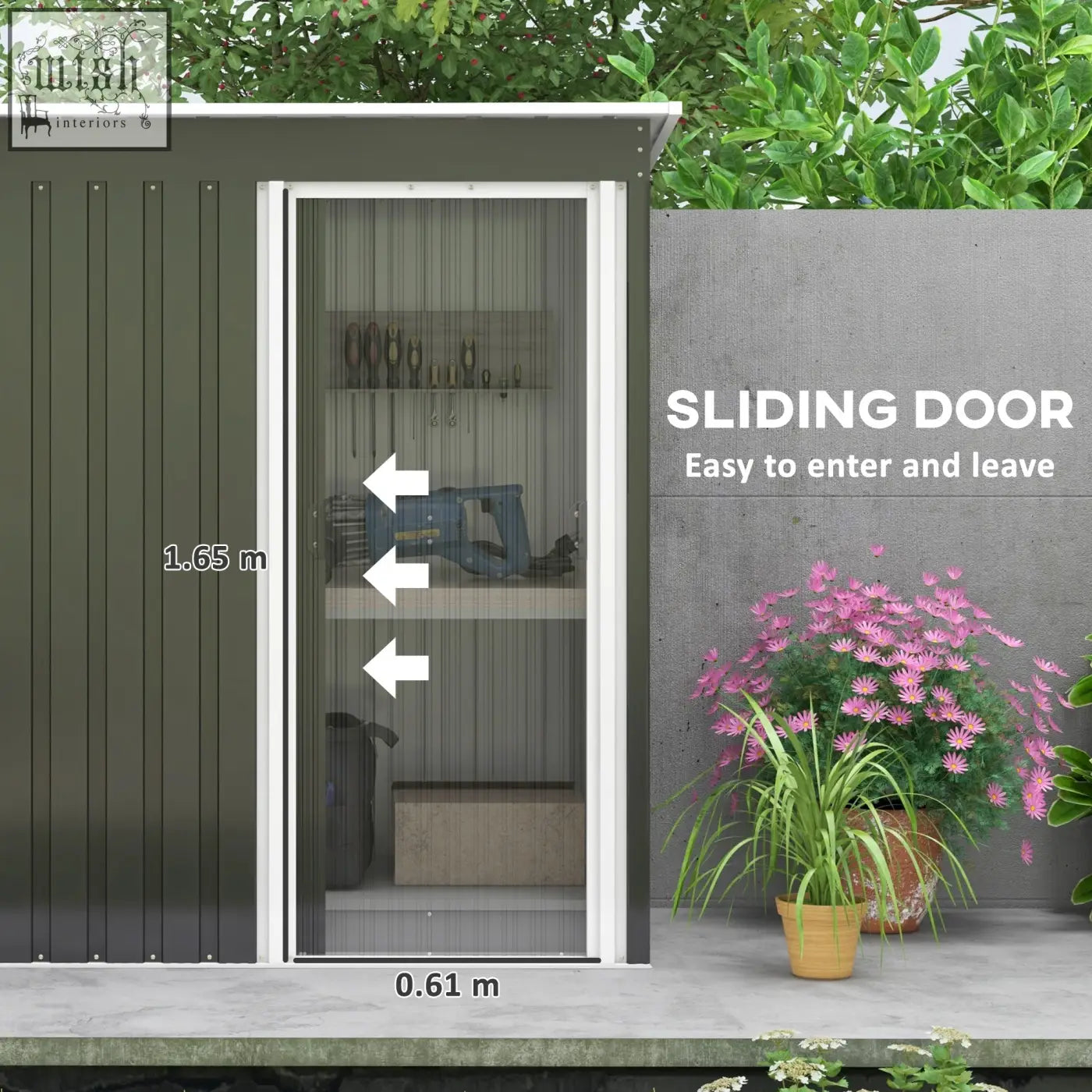 White-framed sliding door with transparent mesh panel on dark green galvanised steel outsunny storage shed