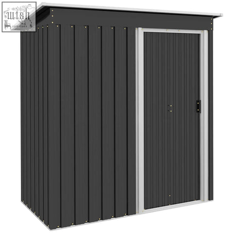 Dark gray metal storage shed with silver trim sliding door and galvanised steel vertical paneling outdoor use