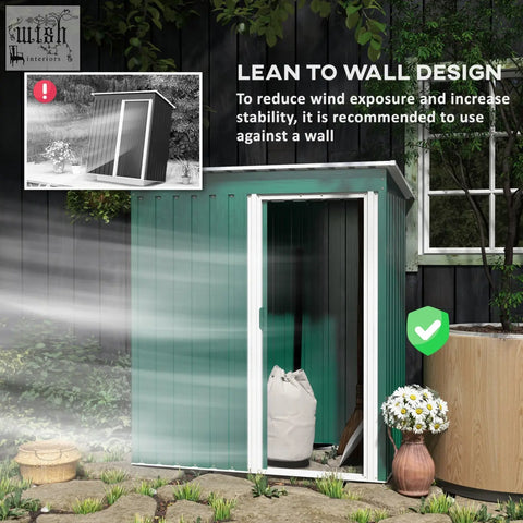 Teal green Outsunny 5x3ft galvanised steel storage shed with white trim and sliding door for garden tools