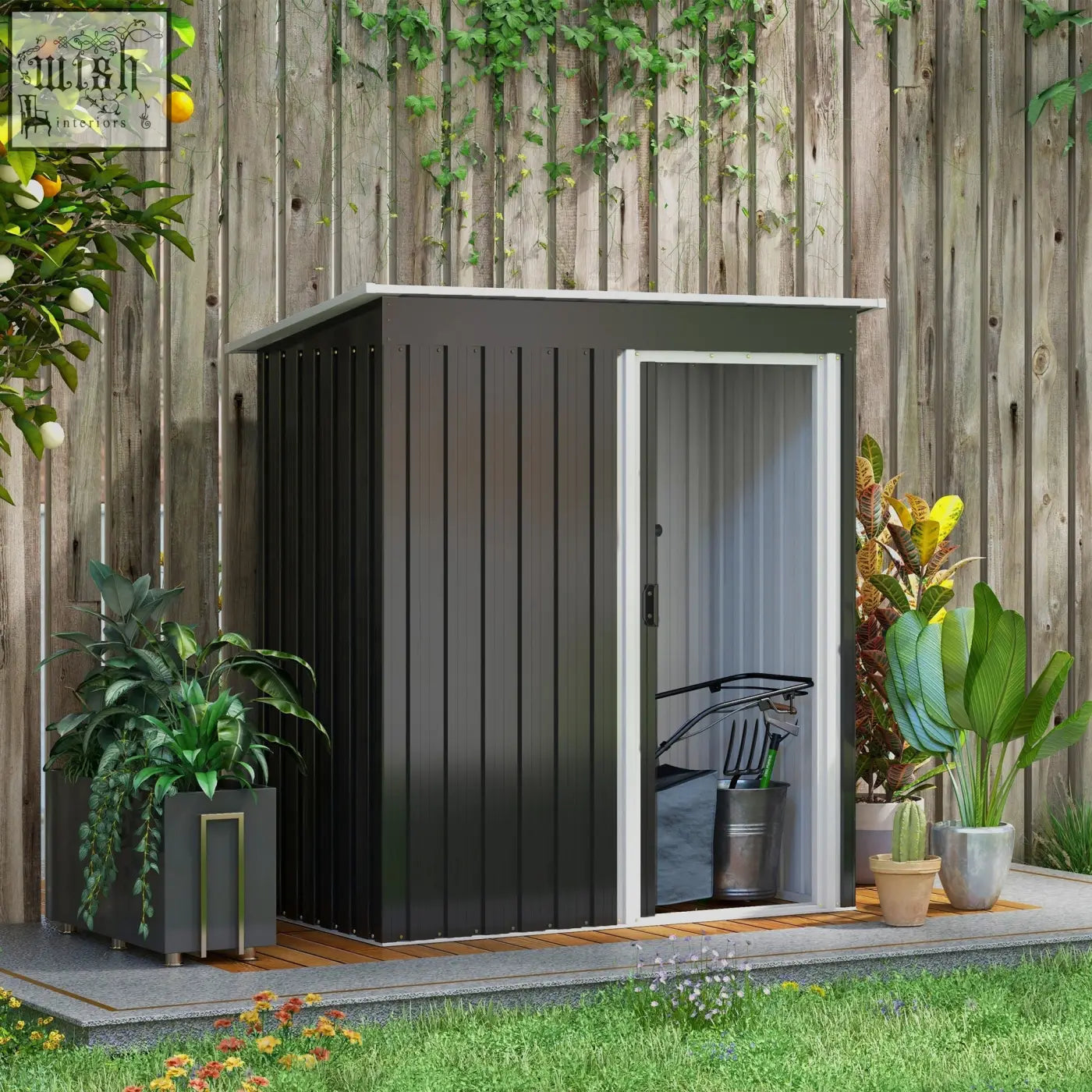 Dark gray galvanised steel storage shed with white sliding door and vertical siding for outdoor tool storage