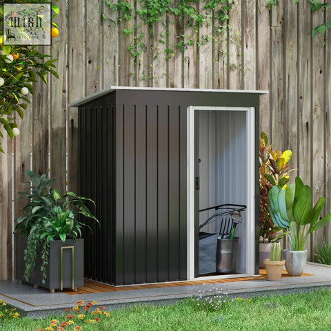 Dark gray galvanised steel storage shed with white sliding door and vertical siding for outdoor tool storage