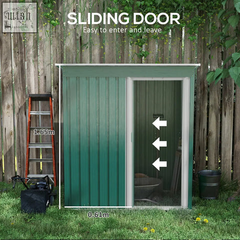 Green galvanised steel storage shed with sliding door white trim and transparent panel for garden tools