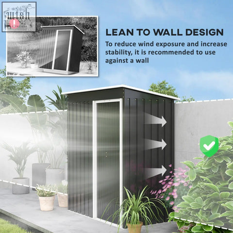 Black metal lean-to wall storage shed with white trim sliding door and galvanised steel vertical siding panels