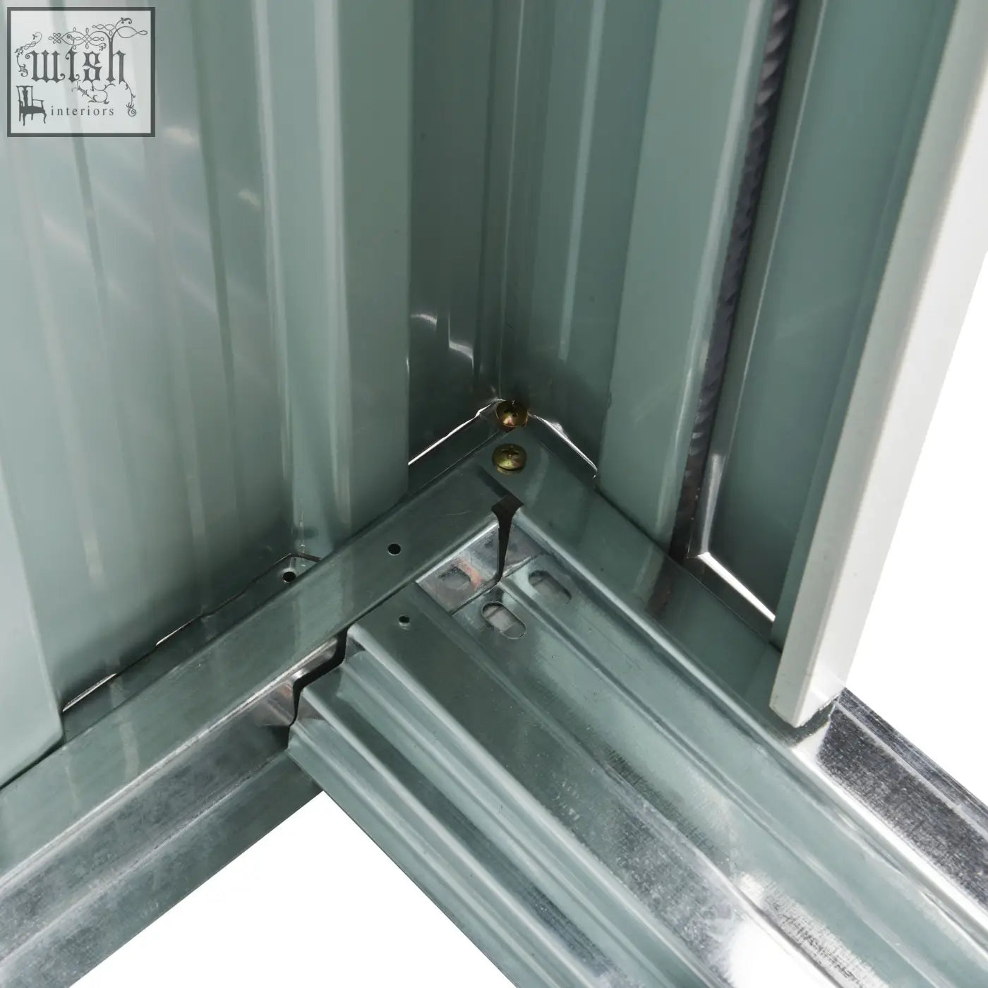 Gray corrugated metal corner joint with screws and reinforcement on the black outsunny storage shed sliding door