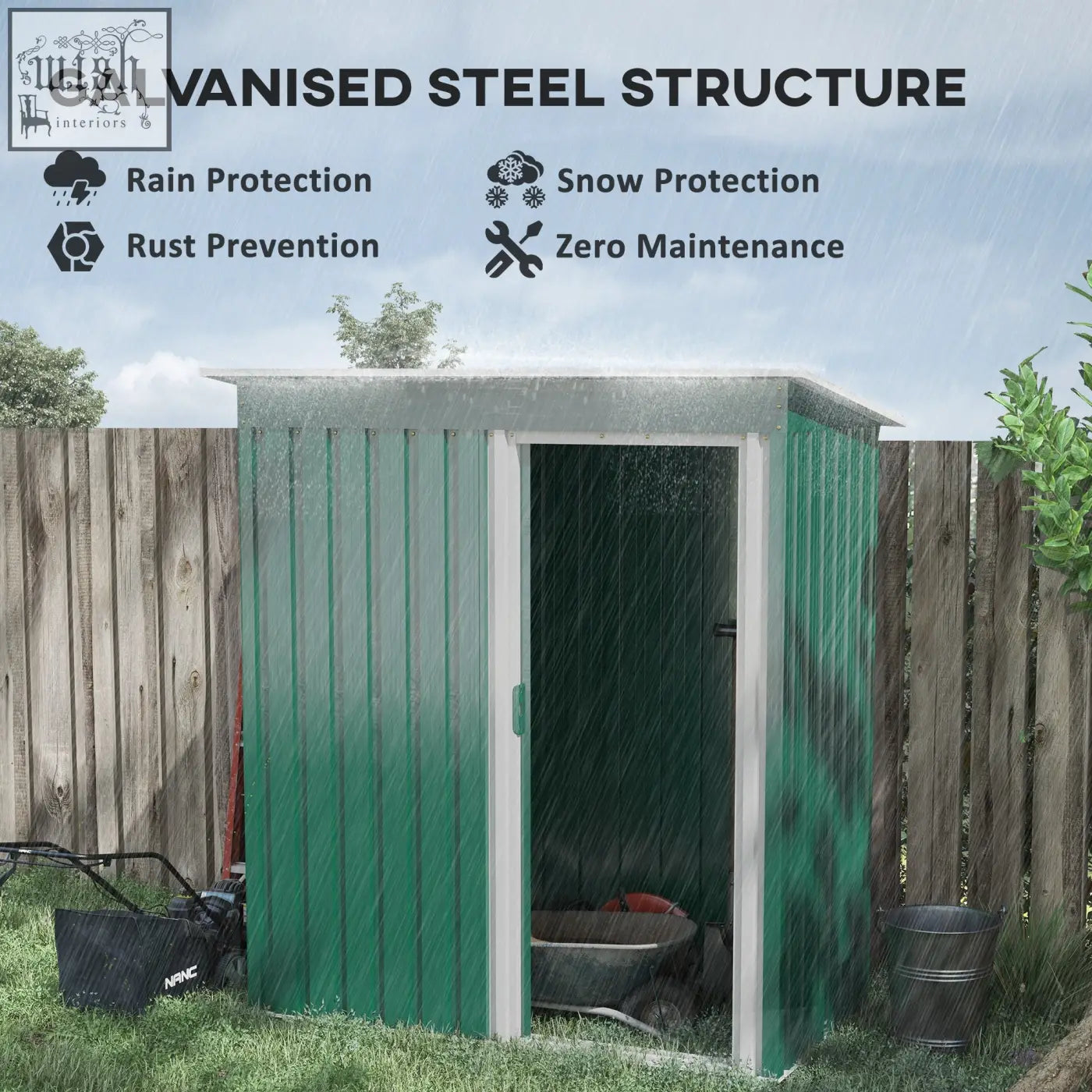 Green galvanised steel storage shed with white trim sliding door and sloped roof for outdoor tool storage