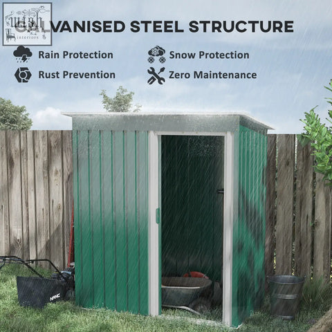 Green galvanised steel storage shed with white trim sliding door and sloped roof for outdoor tool storage