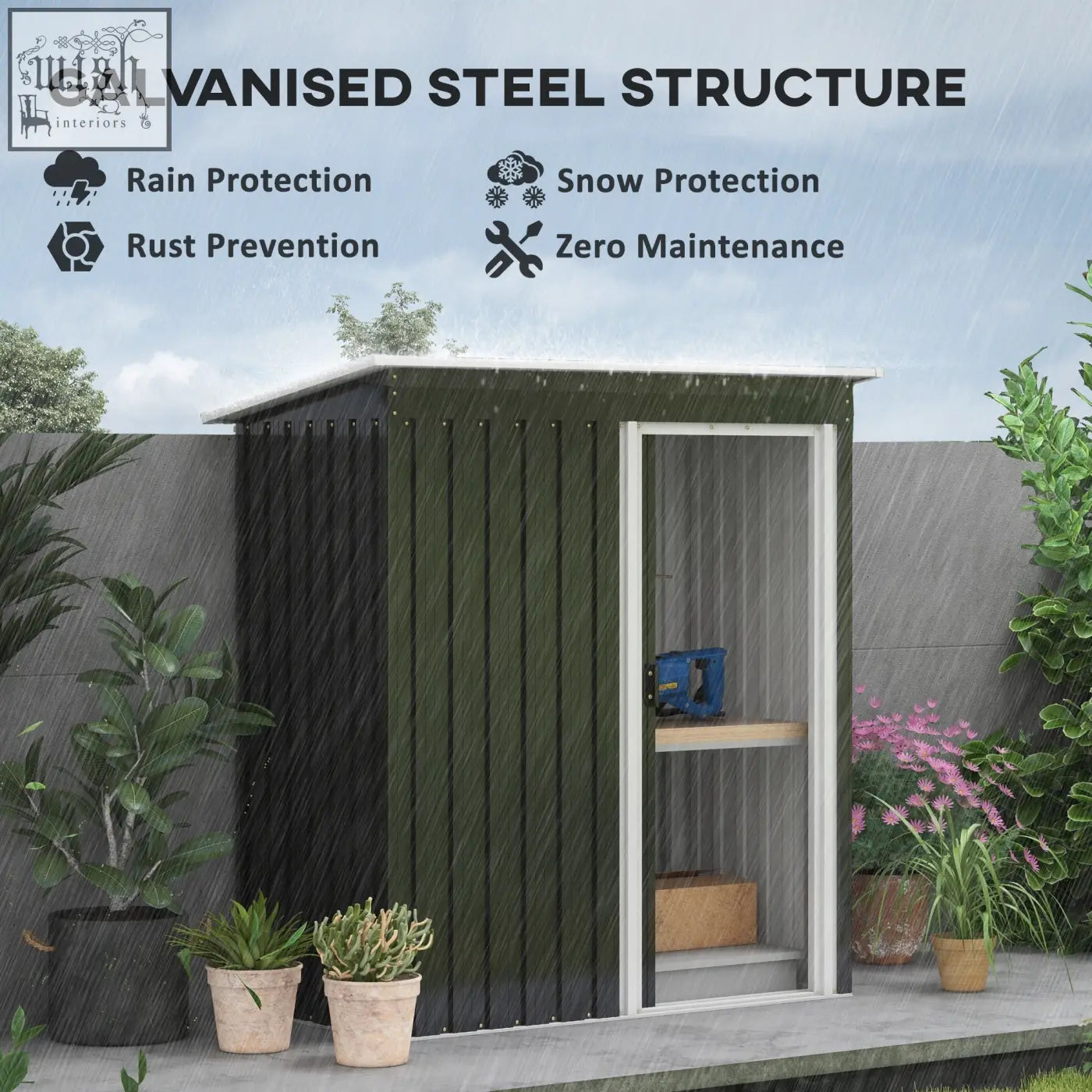 Dark green galvanized steel storage shed with white frame and sliding door for outdoor tool storage