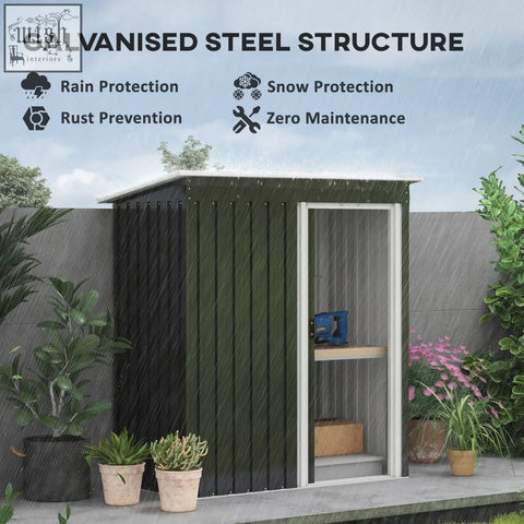 Dark green galvanized steel storage shed with white frame and sliding door for outdoor tool storage